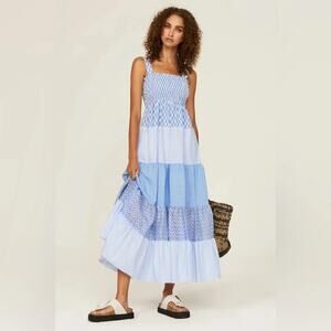 Sandro Tropea Blue White Patchwork Tiered Smocked Maxi Dress Size 38